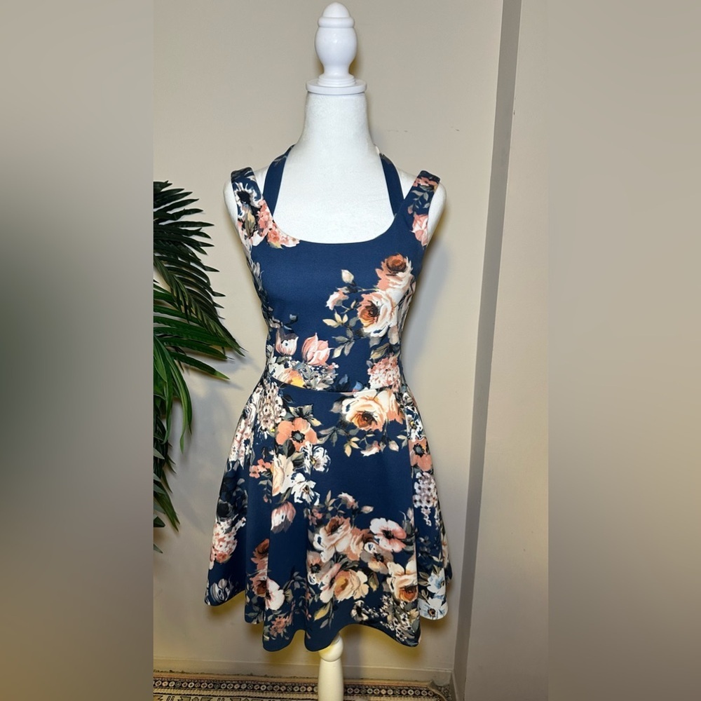 Floral Fit-and-Flare Blue Mini Short Dress - Medium - Picture 4 of 8